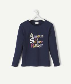 T-shirt bleu marine en coton bio avec message amour fille - 6 A