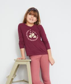 T-shirt rouge foncé avec flocage pailleté en coton bio fille - 14 A