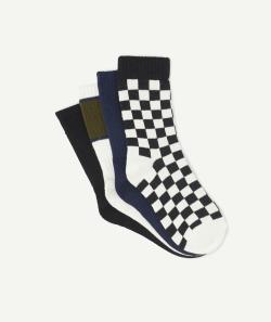 Lot de 4 paires de chaussettes bleu et kaki avec motif damier garçon - 31-34