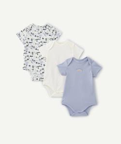 Lot de 3 bodies en coton bio à manches courtes bleu et blanc - 1 M