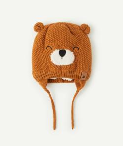 Bonnet en maille camel avec ourson polaire bébé garçon - 3-9 M