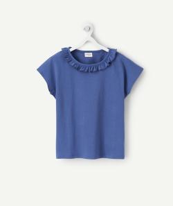 T-shirt fille en coton bleu avec col volanté - 14 A