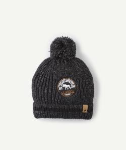 Bonnet noir en maille à pompon avec patch brodé alaska garçon - 6-8 A