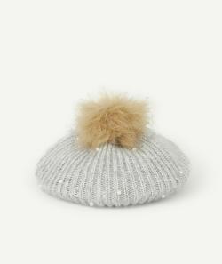 Béret gris en laine avec perles et pompon en fourrure fille - 6-8 A