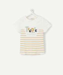 T-shirt bébé garçon en fibres recyclées rayé écru et camel - 1 M