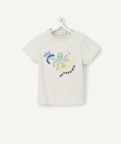 T-shirt bébé garçon en coton écru chiné avec pieuvre - 6 M