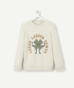 Pull garçon en coton écru avec message et trèfle - 4 A