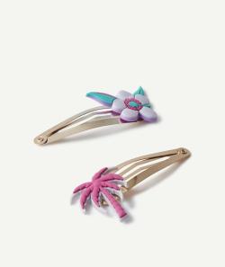 Lot de 2 barrettes fille couleur dorée avec patchs palmier et fleur - TU