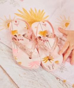 Tongs roses fille avec imprimés et double entre-doigts pailletés - 20-21