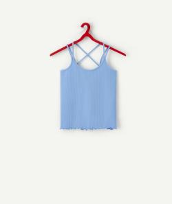 T-shirt à bretelles croisées fille bleu en coton bio - S