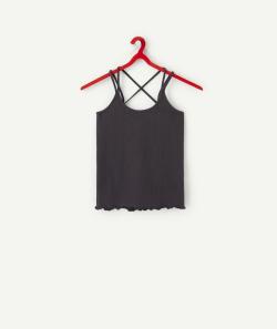 T-shirt à bretelles croisées fille noir en coton bio - XS