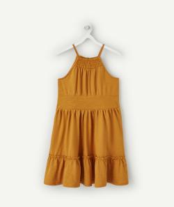 Robe à bretelles fille en coton biologique ocre avec volants - 6 A