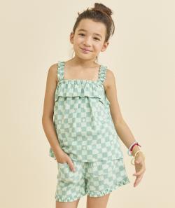 Short fille en coton et damier vert avec marguerites - 5 A