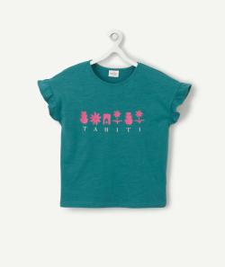 T-shirt fille vert tahiti en coton bio avec imprimé rose - 2 A
