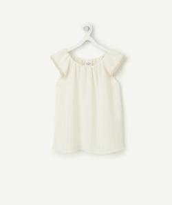 T-shirt fille en coton écru et côtelé à col bardot - 2 A