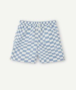 Short de bain garçon en polyester recyclé damier bleu et blanc - M