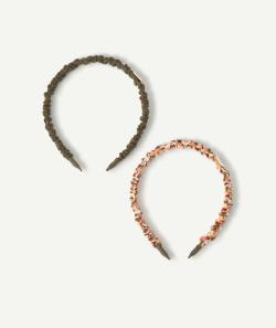 Lot de 2 serre-tête fille kaki et fleuri avec fronces - TU
