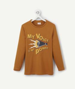 T-shirt garçon en coton bio camel avec message et motif - 5 A