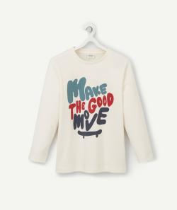 T-shirt garçon en coton bio écru avec message coloré et skate - 5 A