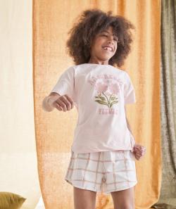 Pyjama fille en coton biologique rose et à carreaux - 6 A