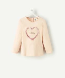 T-shirt bébé fille en coton bio rose pâle avec coeur en relief - 3 M