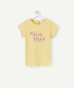 T-shirt bébé fille en coton bio jaune avec message rose - 3 M