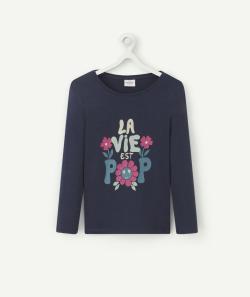 T-shirt fille en coton bio bleu marine avec message et fleurs - 6 A