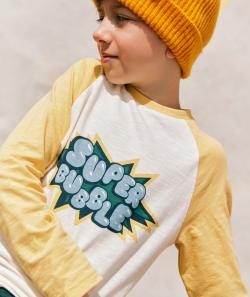 T-shirt garçon en coton bio jaune et blanc message super bubble - 6 A