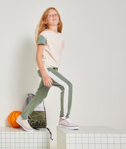Jogging fille en fibres recyclées kaki avec bandes blanches - 10 A