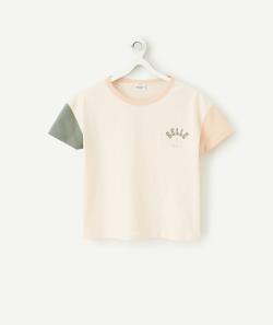 T-shirt fille en coton bio rose pêche et kaki au message pailletté - 14 A
