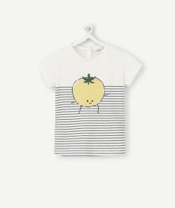 T-shirt bébé fille en coton bio écru rayé et tomate jaune - 12 M