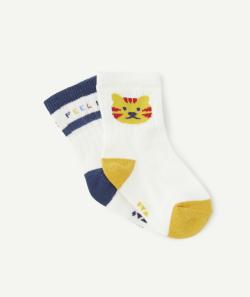 Lot de 2 chaussettes hautes bébé garçon écrus motif chat - 15-17