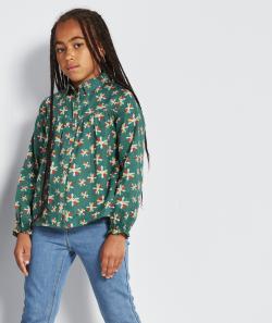 Chemise fille verte en coton et imprimée avec fleurs sourires - 6 A