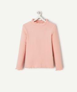 Sous-pull côtelé fille en coton bio rose avec festons - 12 A