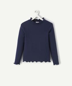 Sous-pull côtelé fille en coton bio marine avec festons - 2-3 A