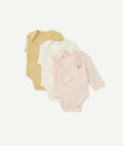 Lot de 3 bodies en coton biologique nid d'abeille rose jaune et écru - 36 M