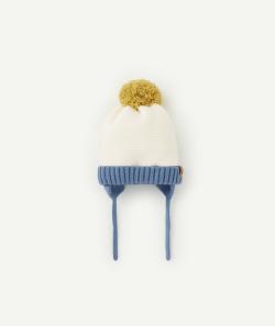 Bonnet bébé garçon avec pompon jaune écru et bleu - 3-9 M