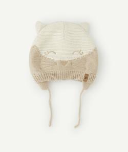 Bonnet chat bébé fille en fibres recyclées beige avec oreilles - 3-9 M