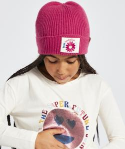 Bonnet fille en tricot rose avec patch fleuri et messages - 2-4 A
