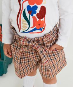 Short droit bébé fille beige marron et rouge imprimé pied de poule - 6 M