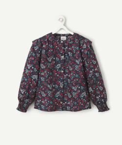 Blouse fille en coton bleu marine et imprimée floral rouge et vert - 10 A
