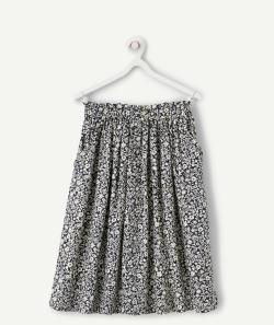 Jupe longue fille en viscose reponsable imprimée fleurie écru et bleu marine - 6 A