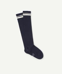 Chaussettes hautes fille en coton bio côtelé bleu marine et blanche - 35-38