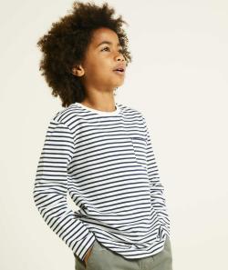 T-shirt garçon en coton et à rayures bleu marine avec poche - 10 A